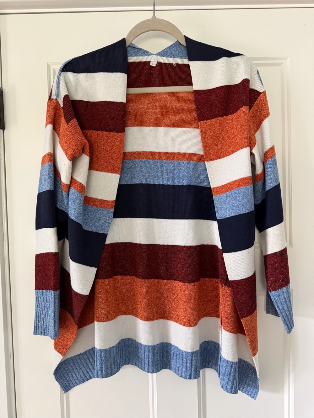 Striped Open-Front Cardigan Sweater in Navy, Rust, Blue & White